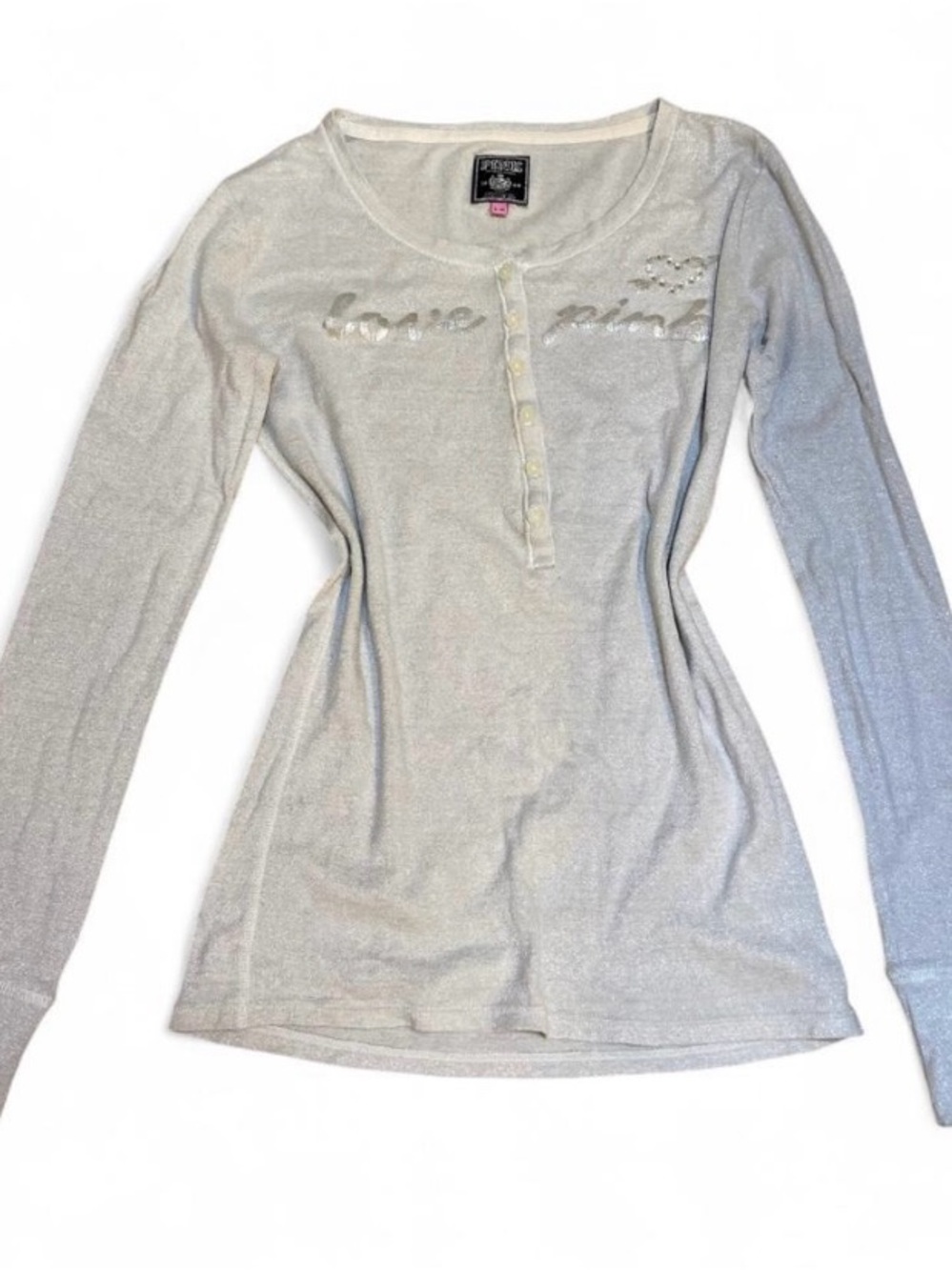 y2k PINK Victoria's Secret Silver Shimmer Long Sleeve Graphic Henley